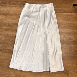 Princess Polly baby blue saying midi skirt with slit and side zip closure